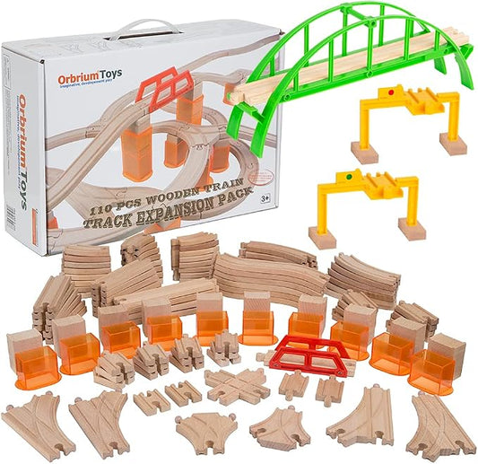 110 Pieces Wooden Train Tracks Expansion Pack with Bridges, Tunnel, Ascending Tracks, Accessories, Elevated Tracks, Toddler Boys Kids 3-8 Montessori STEM Gift Compatible Thomas, Brio Wooden Railways