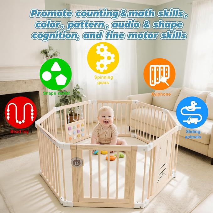 Foldable Wooden Baby Playpen with Mat, Play Yard (56 * 56 * 25 Inch) | Activity Center with Gate, Thickened Wood Adjustable, Easy to Assemble, Birthday Gift for Toddlers