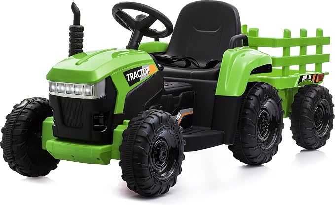 TOBBI Kids Electric Toy Tractor, 12V Battery-Powered Toddlers Ride On Car to Drive, Motorized Trailer Vehicle with 35W Dual Motor/6-Wheels/3-Speeds/LED & Horn Functions for Chirdren Aged 3-8-Green