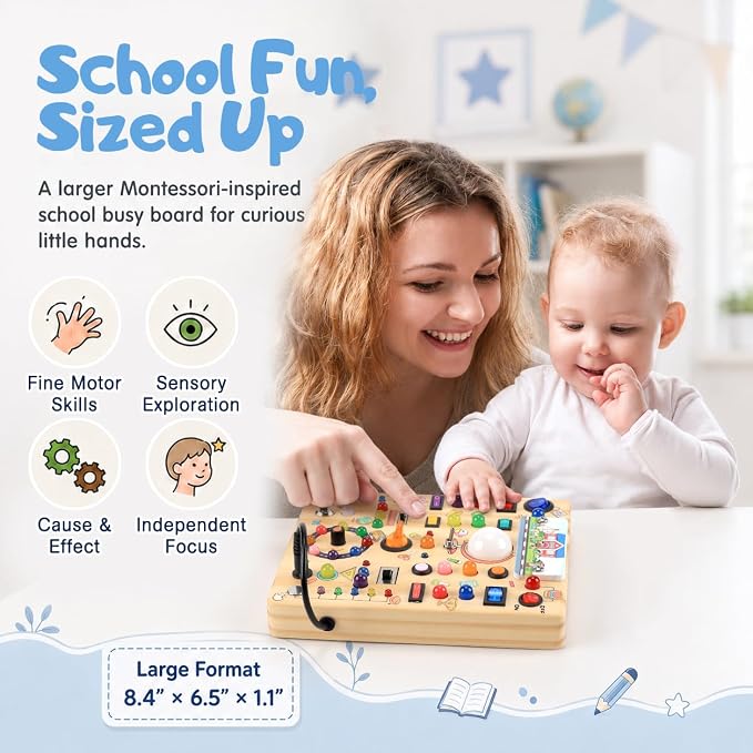 Busy Board with 19 LED Light Switches, Montessori Toys for 1 2 3 Years Old, Wooden Sensory Board, Toddlers Activity Travel Toys for 1 2 3 Year Old Boy & Girl Birthday Gift (Big School)