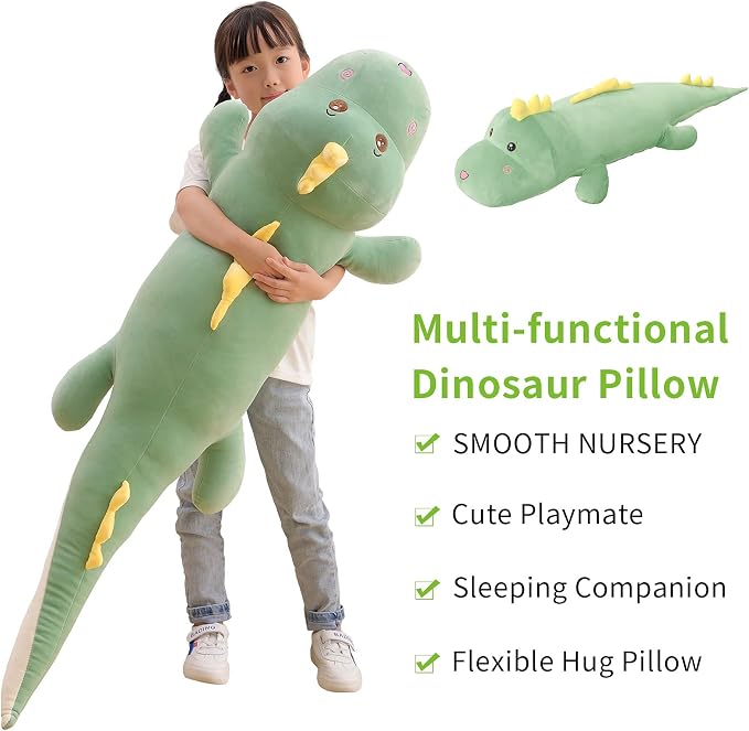 Tianmihou 52 Inch Giant Dinosaur Plush Pillow, Jumbo Green Dinosaur Stuffed Animal, Soft Long Dino Body Pillow for Kids Boys Girls, Huge Dinosaur Plushie Cuddle Toy, Birthday Gift for Children