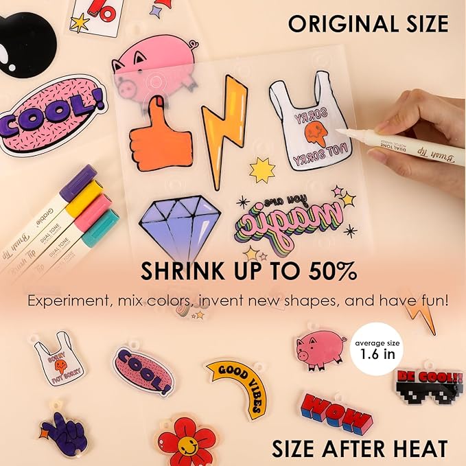 Grabie DIY Shrink Art Craft Kit Jewelry Making Kit for Kids Adults, 25+ Pre-Cut Shapes, 5 Dual-Tip Markers, Custom Charms, Pins, Rings, Keychains (Retro Vibes - Beginner Friendly)