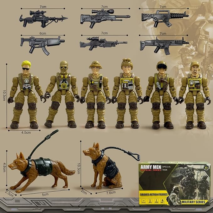 Army Men Action Figures, Toy Soldiers for Boys 6-8,Military Playset with 2 Dogs 6 Weapons,Plastic Army Men Toys Birthday Gift for Kids Boys Military Collectors