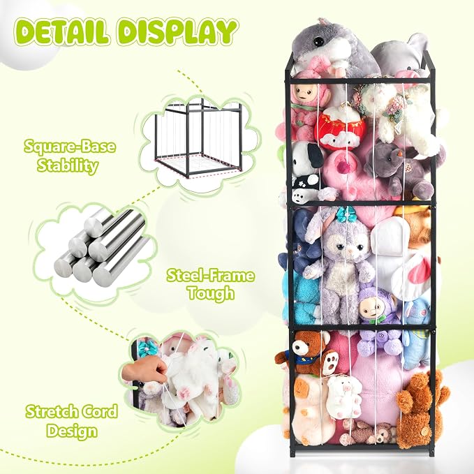 NomNest Stuffed Animal Storage Zoo, Large Metal Plushies Organizer, Heavy Duty Metal Teddy Bear Toy Holder for Kids' Bedroom & Playroom & Nursery (Non-Wheeled, Black)