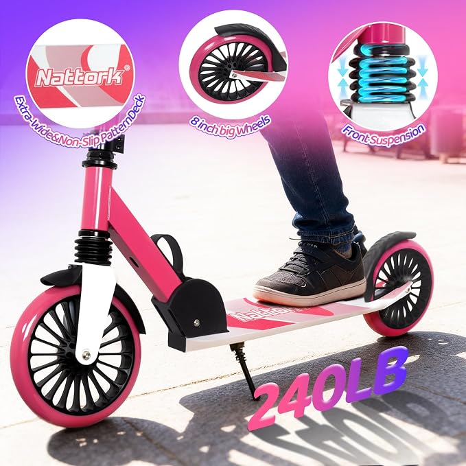 Nattork Kick Scooter for Age 6+ Kids Teens Adults, Max Load 240 LBS, Adjustable Height Foldable with 8" Large Wheels, Anti-Shock Suspension