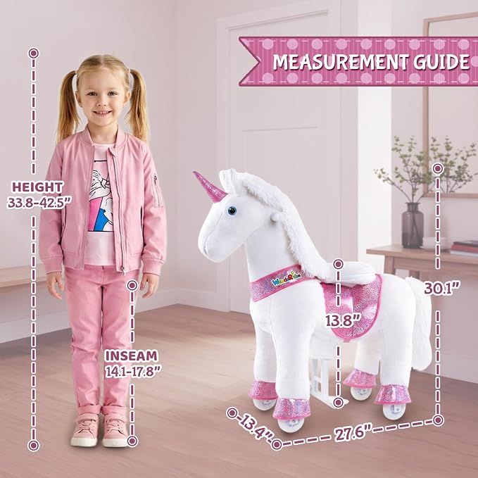 WondeRides Ride on Unicorn Horse Rider Pony Cycle Toy, 30.1 Inch Height Riding Pony White Unicorn Toy Plush Rocking Mechanical Walking Animal with Wheels No Battery Size 3 for Kids 3-5 Years M332-1
