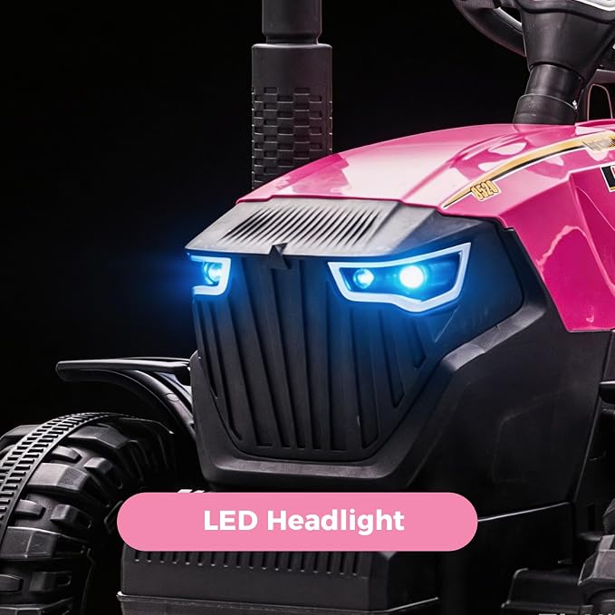 24V Kids Ride-On Tractor with Trailer, 400W Electric Farm Truck with Remote & Pedal Control, Headlights, USB MP3, Power Display, Adjustable Speeds, Safety Belt, Ride-On Toy Gift, Magenta