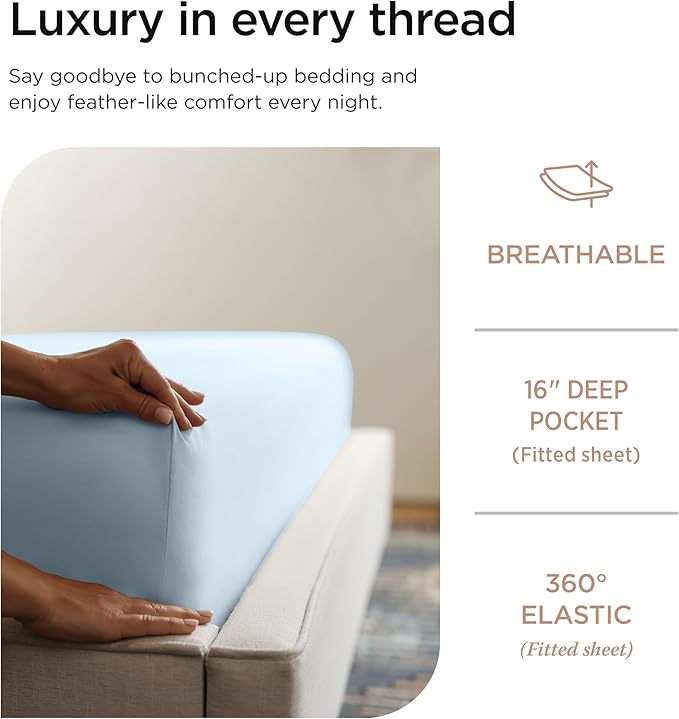 Threadmill 100% Cotton Sheets for King Size Bed - 600 Thread Count King Bed Sheets Set with 16” Deep Pocket - Sateen Weave 4-Piece Bedding Set with Cooling Effect, Blue