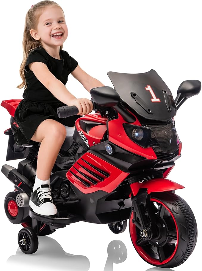 Kids Ride On Motorcycle, 6V Battery Powered Electric Motorcycle, w/Treaded Tires, Horn, Working Headlight, Music, Training Wheels, Stable Ride On Toys for Kids Toddler Boys Girls 3-6, Red