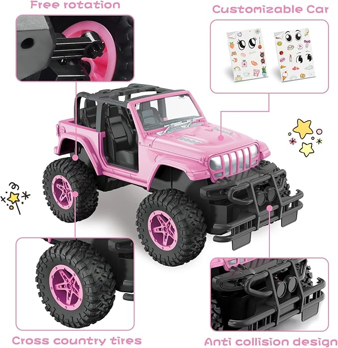 NQD RC Cars with DIY Sticker, Pink Remote Control Car for Girls, 2.4Ghz Jeep RC Trucks, Little Girl Toys Birthday Xmas for 3 Years Old and Up