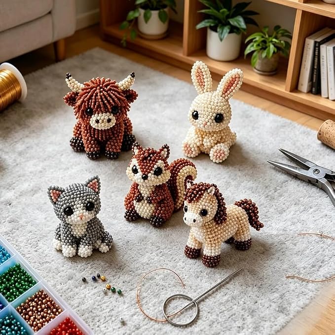 CJNEJGT Kid Friendly 3D Beaded Animal DIY Kit, Stress Relief Leisure DIY Bead Toy Set, Beginner Bead Embroidery Craft Gift with Step-by-Step Instructions (Squirrel)