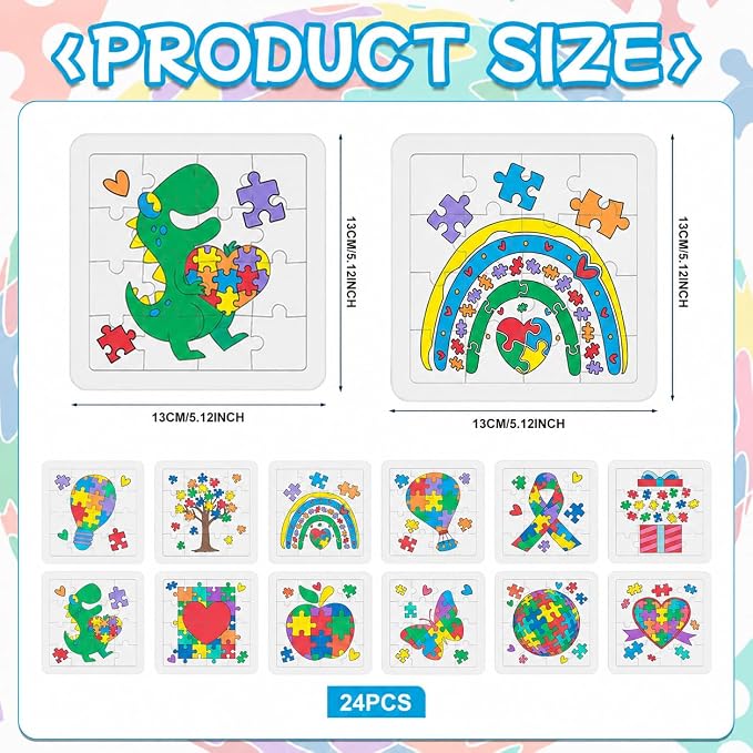 Cinrobiye 24-Pcs Autism Awareness Coloring Puzzle Kit Bulk Gifts – DIY Ribbon Puzzle Pieces with Color Pens for Teens & Adults, Autism Awareness Month Activities, School & Party Supplies
