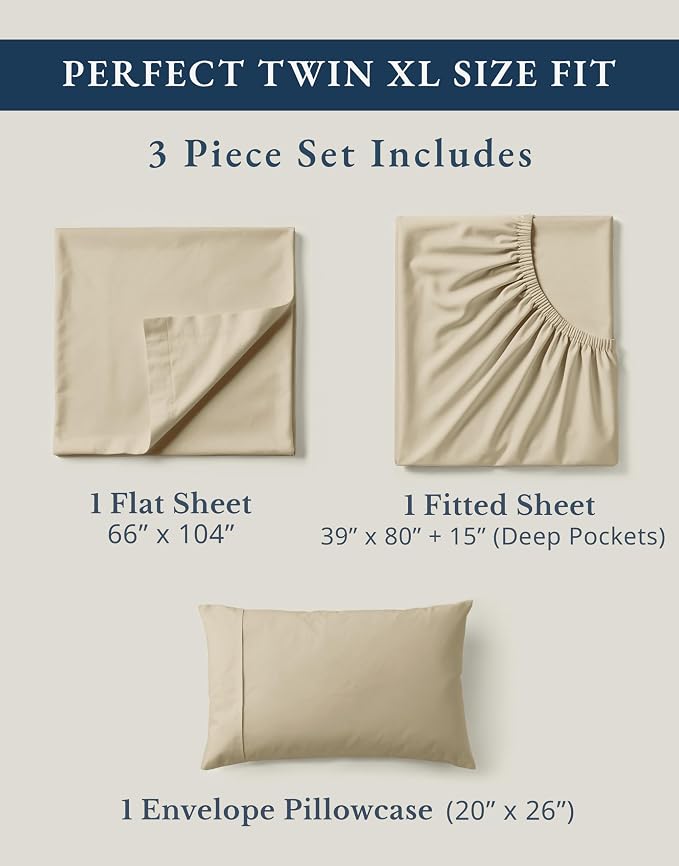 LANE LINEN Twin XL Sheet Set 100% Organic Cotton 3pc Percale Soft - Linen | GOTS Certified Organic Cotton Percale Twin XL Sheet Set - For Hot Sleepers, All-Season Comfort, For Dorms & Adjustable Beds
