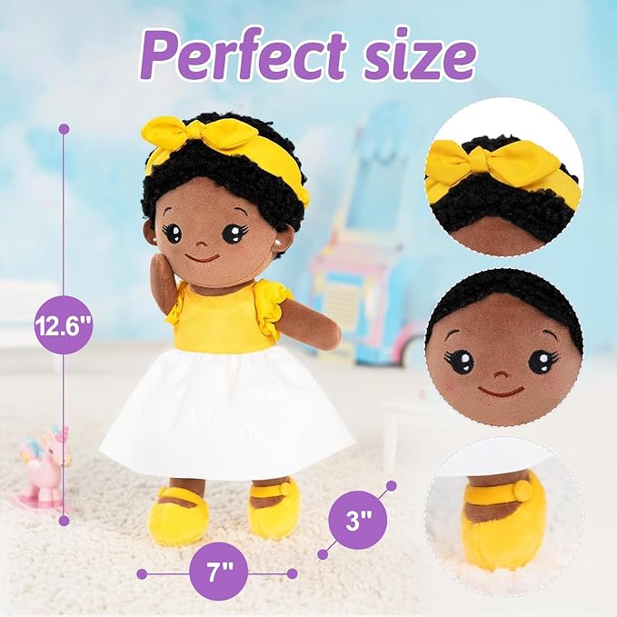 OUOZZZ 12.6" Soft Black Baby Doll - Toys for 1 Year Old Girl Gifts, African American Baby Dolls Birthday Gifts for 1 Year Old Girl Plush Toys Gift for Toddler Kids Yellow Bow-tie