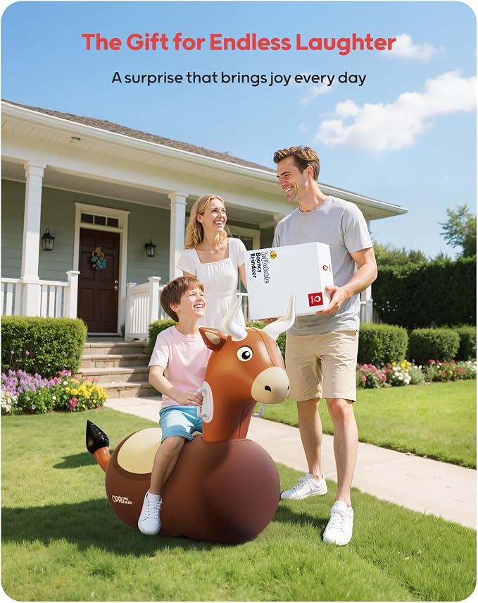 QPAU Large Inflatable Bull Hopper Bouncy Toy, 250lbs High Capacity Ride-on Animal for Kids & Adults, Soft Fabric Cover & Pump, Durable Puncture-Resistant Bouncer for Family Party Gift