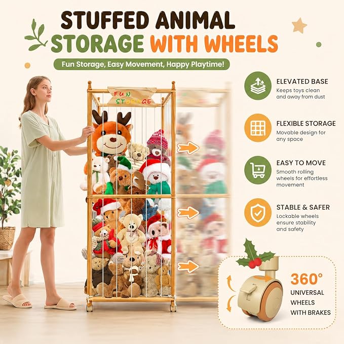 Large Stuffed Animal Storage with Wheels, 66IN Wood Plush Toy Storage 550L, Kids Plushies Storage with Thicker Elastic Band, Stuffed Animal Organizer for Playroom, Bedroom, Nursery