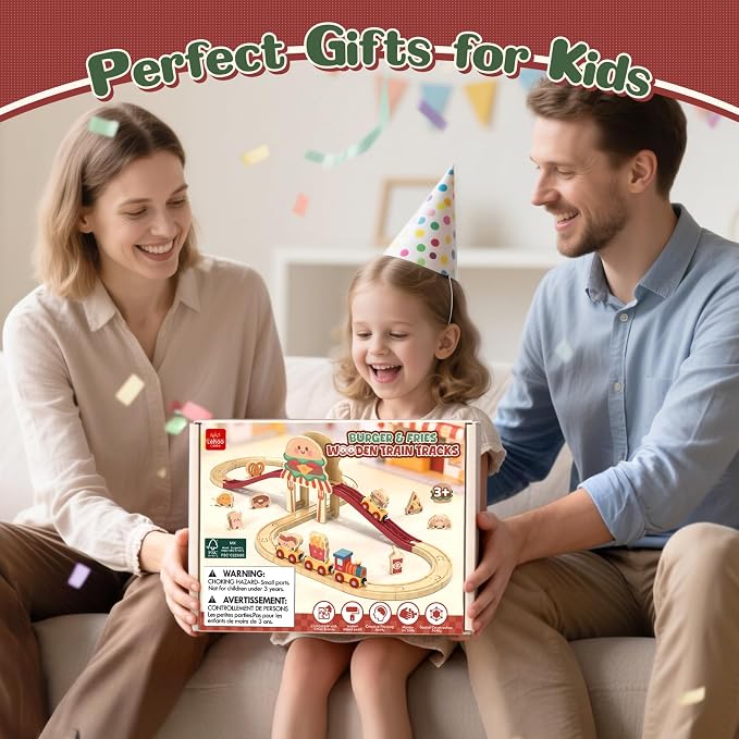 Lehoo Castle Wooden Train Set for Toddlers 2-4, Burger Theme Train Track Set Compatible with Major Brands, Expandable Wooden Railway Toy, Gift for Boys & Girls Ages 3-5