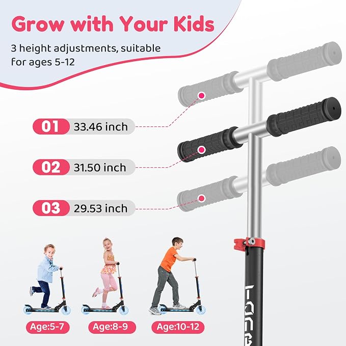 TONBUX Scooters for Kids 5-12, 2 Wheel Scooters with Cool Light Up Stem, Wheels, and Deck, 3 Level Adjustable Height Kick Scooter, Foldable and Lightweight Scooter for Kids 8-12