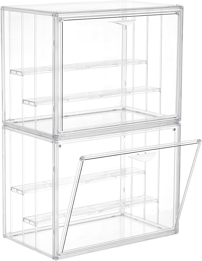 LXLXXL Acrylic Display Case for Collectibles 3 Layer Adjustable Figure Display Cases with Magnetic Door Clear Stackable Display Box for Figures Showcase 2Pack
