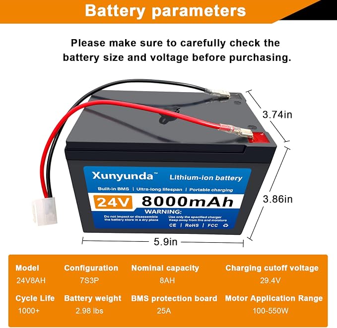 24V 8Ah Lithium Battery for Kids Ride-On Toys Includes 2A Charger/25A BMS,Compatible with Dynacraft Realtree 24V Power Wheels