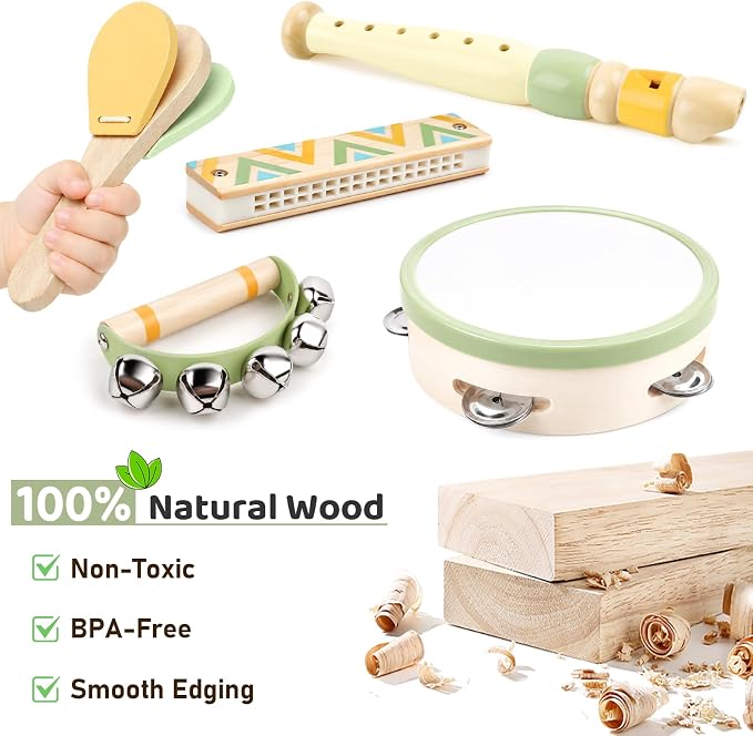 Kids Guitar Set - 8 in 1 Toddler Musical Instruments, Montessori Wooden Baby Ukulele Xylophone Tambourine Maracas Flute, Toy Guitar for Toddler 1-3, Mini Guitar Set Toddler Gifts for 2 Year Old