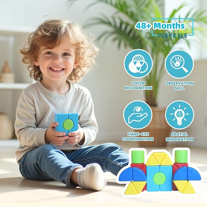 1.65 Inch Magnetic Building Blocks, 3D Shapes Large Magnetic Blocks for Kids Ages 4+, 24PCS Educational Construction Blocks for Boys and Girls