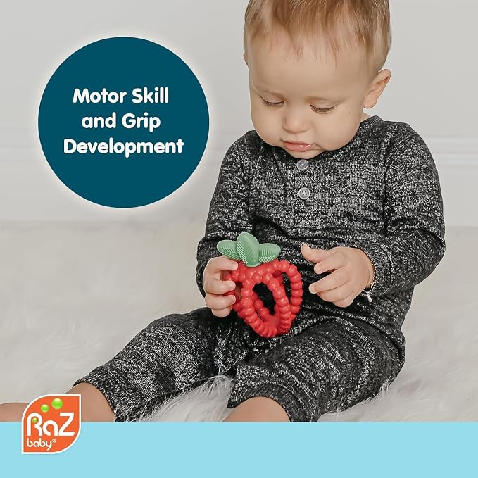 RaZbaby Silicone Infant & Baby Teething Toy, Textured BerryBumps Soothe Babies Sore Gums, RaZberry Bites Relief Teether, Back & Front Teeth, BPA Free, Fruit Shape for Babies 3M+ (Red & Pink)