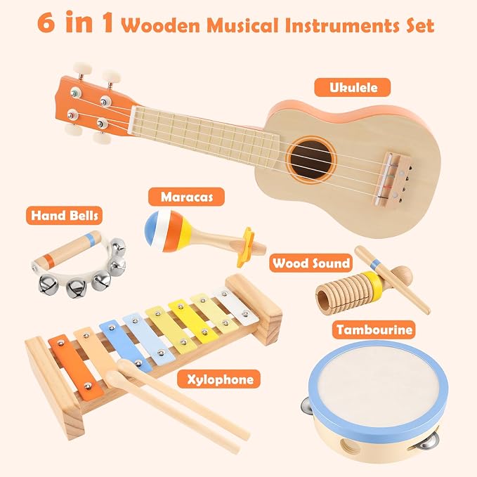 Kids Guitar Set, 6-in-1 Musical Instruments Set for Toddlers 2-3, Montessori Wooden Music Toys with Ukulele/Xylophone/Tambourine/Maracas, Birthday for Ages 2+ Girls Boys