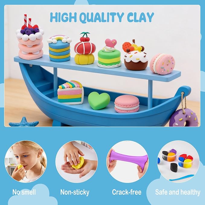 Dessert Clay Kit for Kids – 6 Sweet Treat Themes with Tools & Tutorial Cards | Cupcake Cookie Cake DIY | Soft Non-Sticky Air Dry Clay | Arts & Crafts Gift Ages 3+