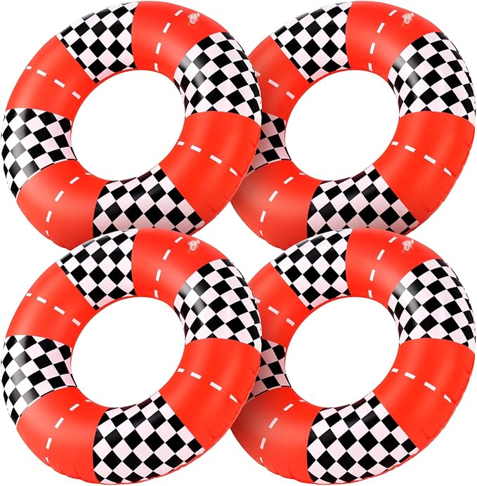 4 Pcs Racing Party Pool Floats, 24 Inch Checkered Flag Pattern Swim Ring for Kids Ages 5-8 Pool Tube, Inflatable Pool Toys for Hawaiian, Beach, Water Park Fun