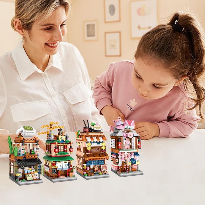 ELAICREE Japanese Street View Shop Building Blocks House Toy, 4 Models Mini DIY Building Blocks Model MOC Construction Toy, Gift for 6-12 Years Old Kid Girls and Boys