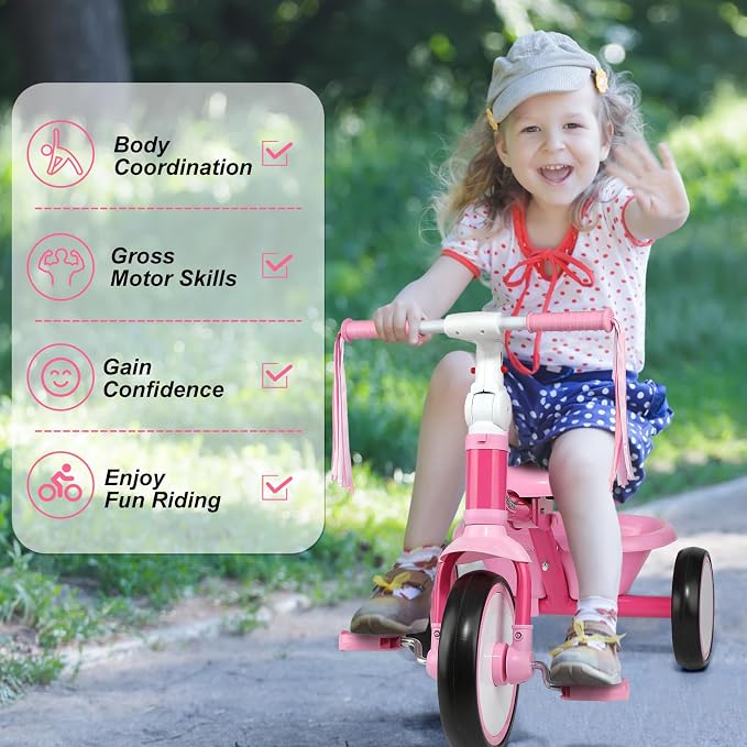 Liberry Foldable Toddler Tricycle Age 2 3 4 Years Old, Kids Trike with Adjustable Seat, Basket & Streamers, 3 Wheel Bike Riding Toy Birthday Gift for Girls Boys, Pink