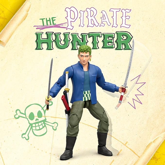 One Piece Zoro 6" (15.24cm) Action Figure with 5 Accessories. Includes Swappable Swords, Sword Holder, Swappable Face, and Berry Coin Display Base