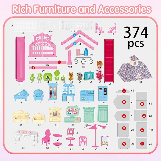 Villa Toys for Girls, 5 Stories 16 Rooms Villa Playset with Dolls, Lights, Furniture, Slide Accessories, DIY Pretend Toddlers House kit for 3 4 5 6 7 8 9 10 Year Old Kids (Pink)