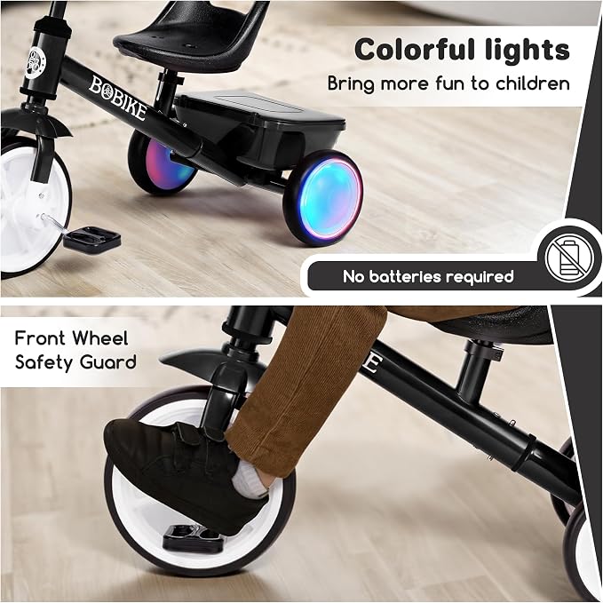 Bobike Toddler Tricycle for Ages 2-5 Years, Tricycle with 2 LED Light Wheels, Toddler Bike with 3-Position Seat and Rear Basket, Kids Bike Gift for Boys & Girl (Black)