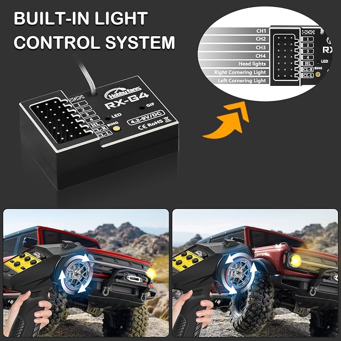 RC Radio System 4CH 2.4G RC Transmitter with Receiver Built-in Gyro and Lanyard Anti-Jamming Remote Controller for RC Car Crawler Boat (Black & Yellow)