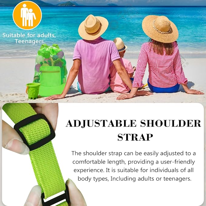 INVODA Mesh Beach Bag Drawstring Beach Backpack Foldable Toy Organizer Bag Shell Adjustable Straps Large Capacity Swim Bag