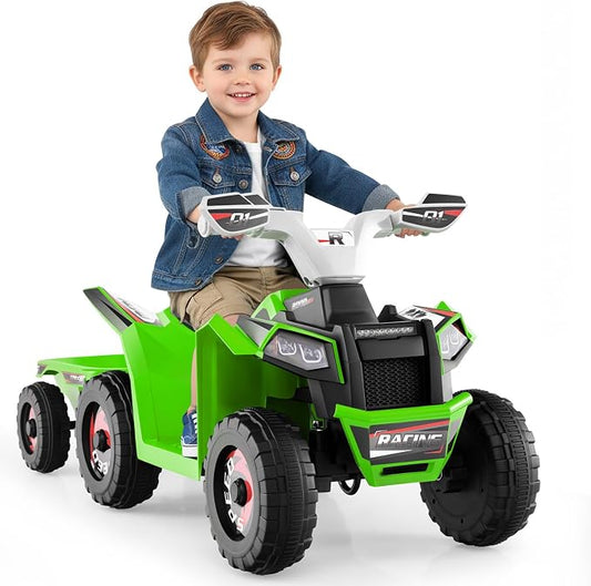 OLAKIDS 6V Kids ATV with Removable Trailer, Forward Backward Function, Widened & Wear-Resistant Wheels, Ride On Toy for Toddlers (Green)