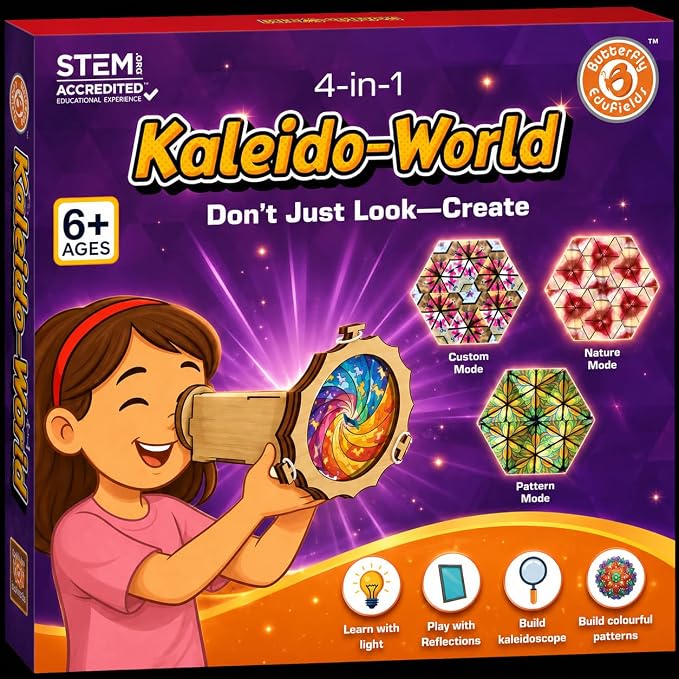 Butterfly EduFields 4-in-1 DIY Wooden Kaleidoscope Kit for Kids Ages 6-10 | Creative Arts & Crafts STEM Activity | Build Your Own Kaleidoscope | Gift for Girls & Boys