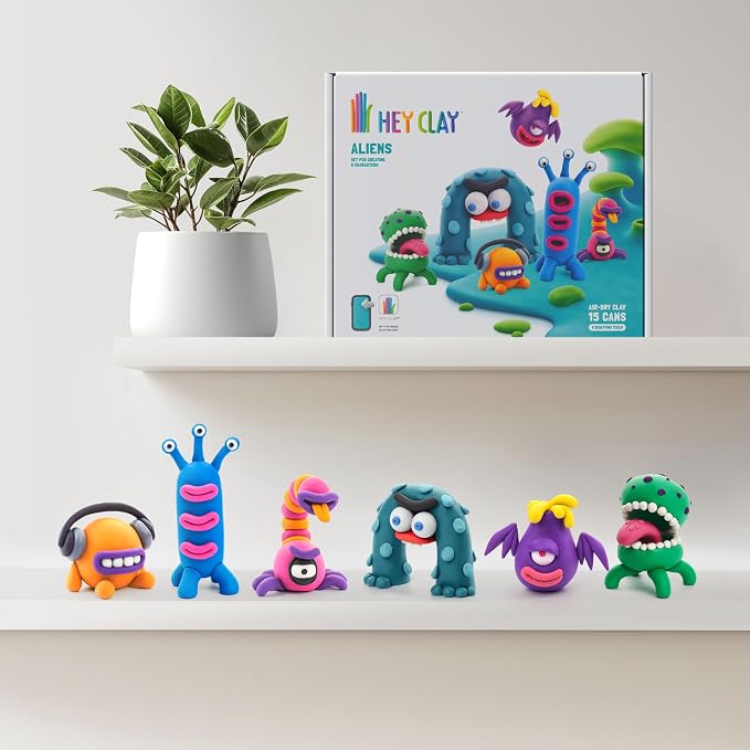 HEY CLAY Set - Colourful Modeling Air Dry Clay Kit for Kids 15 cans and Sculpting Tools with Fun Interactive Instructions App - Children 3+ (Aliens)