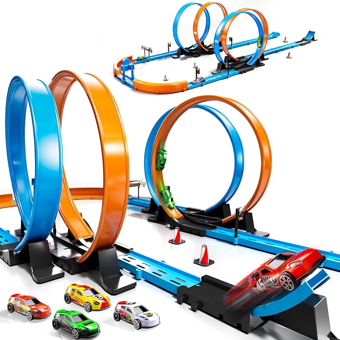 LILYBUDS Toy Car Track Gift Set for Boys Kids Age 3-5 4-7 8-12, Long Race Tracks with 4 Action Loops and 4 High-Speed Slot Die-Cast Race Cars, 35+ Pieces Race Tracks to Create Multiple Configurations