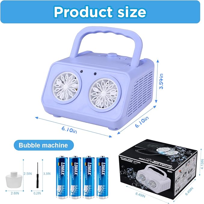 Bubble Machine with Dual Fans,20000+ Bubbles Per Minute | USB-C or AA Battery Operated,Leak-Proof Sealed Bottle,Portable Bubble Maker for Birthday Party Pool Wedding Outdoor