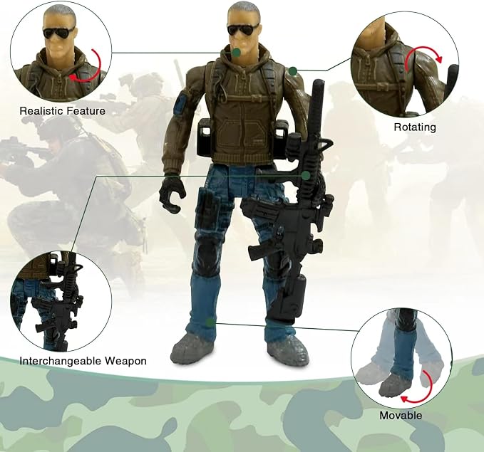 Army Men Action Figures, 6 Pcs Play Set for Kids, US Army and SWAT Team Toy With Military Weapons Accessories, Birthday Gift for Boys Age 4-7 6-8