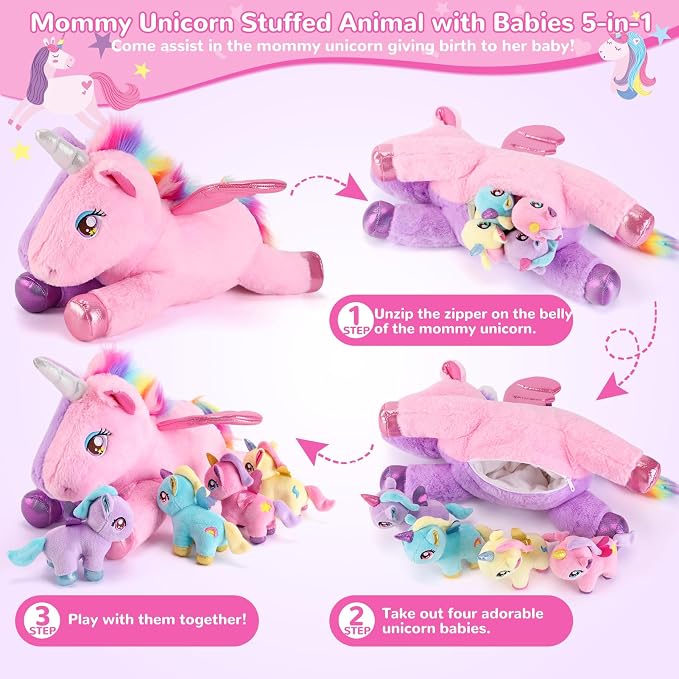 gnomantic Unicorn Stuffed Animals with Babies Inside, Mommy Toy for Kids | 5-Piece set: 1 mommy unicorn + 4 baby unicorns inside. Unzip belly to reveal surprise babies. Ultra-soft, ages 3-8.