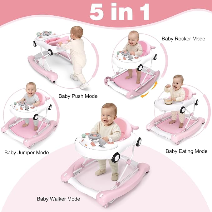 5-in-1 Convertible Baby Walker with Steering Wheel Music Activity Center – Infant Rocker, Jumper, Push Walker, Bouncer & Feeding Foldable Walker for Ages 6-18 Months Boys Girls (Pink)