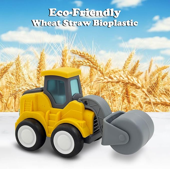 Construction Toys for Toddlers 1-3 Years Old, Press and Go Road Roller Truck Sand Toys with Movable Arm, Safe Wheat Straw Material, Birthday for Boys and Girls