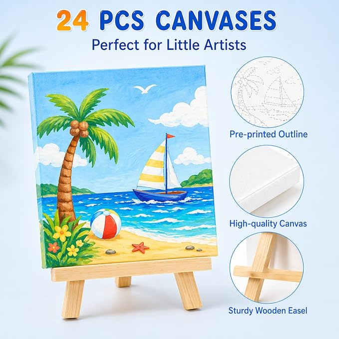 FLUXOJOY 24 Pack Kids Painting Kit, DIY Canvas Painting Set with Easels, Acrylic Paints, Brushes & Palettes, Summer Art Craft Kit for Kids Ages 4-8, Party Favors Classroom Activities Gift