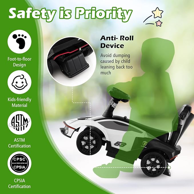 Costzon Push Cars for Toddlers, 3 in 1 Licensed Lamborghini Stroller Sliding Walking Car w/Handle, Armrest Guardrail, Underneath Storage, Horn, Foot-to-Floor Ride On Toy for Boys Girls (White)