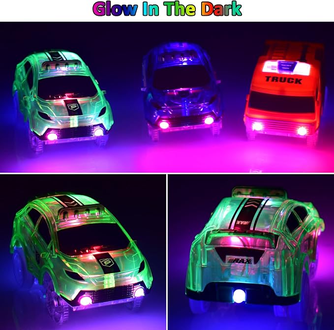 Tracks Cars Only Replacement, Flex Track Race cars for Magic Tracks Glow in the Dark with 5 Flashing LED Lights, Light Up Tracks Cars Compatible with Most Race Tracks for Kids (4pack) with Screwdriver