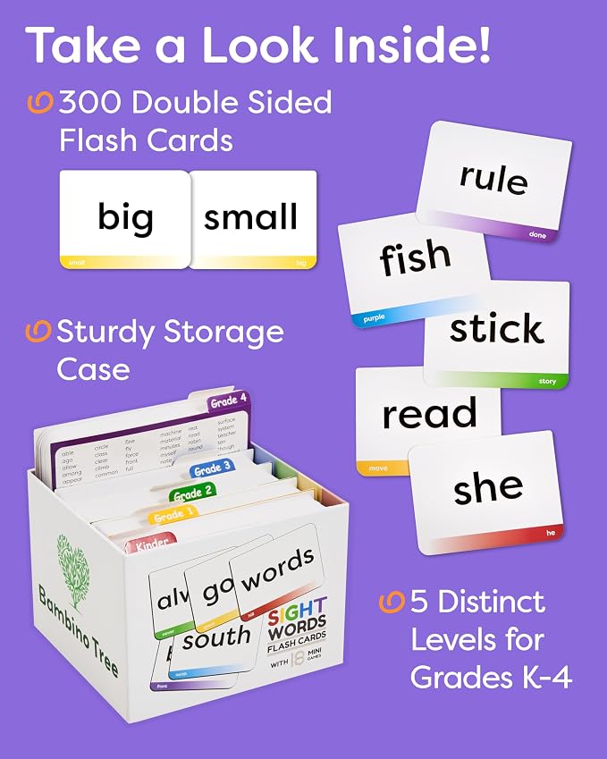 Sight Words Flash Cards Kindergarten to 4th Grade - 600 Words from Dolch's and Fry's Lists with 18 Mini Games